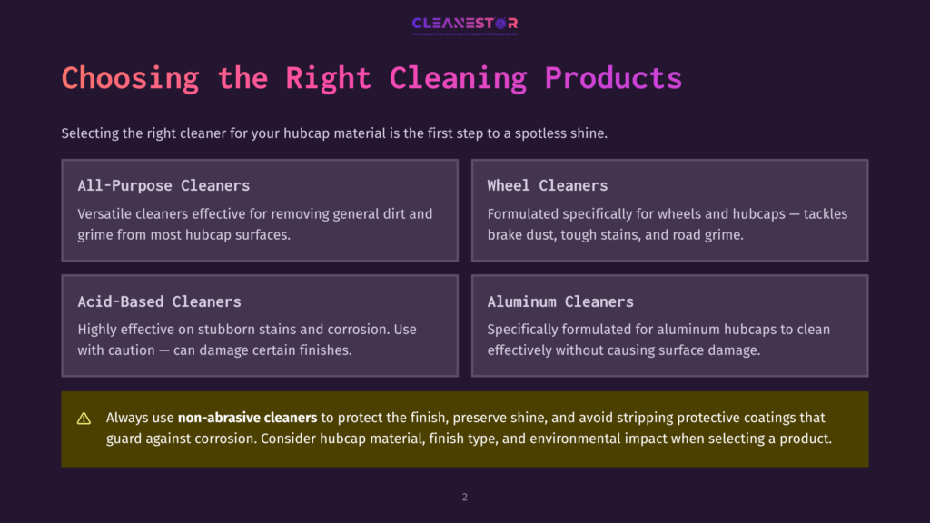 2 Choosing The Right Cleaning Products 6 Infographic Showing Different Types Of Cleaning Products For Hubcaps, Including All-Purpose, Wheel, Acid-Based, And Aluminum Cleaners, With A Warning To Use Non-Abrasive Cleaners.