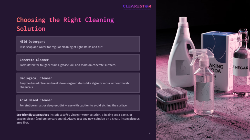 2 Choosing The Right Cleaning Solution 1 A Cleaning Product Display Featuring Bottles Of &Quot;Vinegar&Quot; And &Quot;Baking Soda&Quot; Next To A Scrub Brush And A Spray Bottle, With Text Listing Cleaning Solutions Like &Quot;Mild Detergent&Quot; And &Quot;Concrete Cleaner.