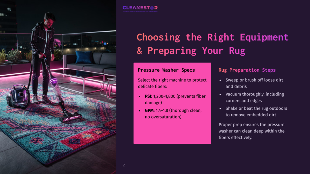 A Man Uses A Purple And White Carpet Cleaner On A Colorful Patterned Rug On A Balcony At Night. Text Overlay Reads &Quot;Cleanestor&Quot; And &Quot;Choosing The Right Equipment &Amp; Preparing Your Rug.