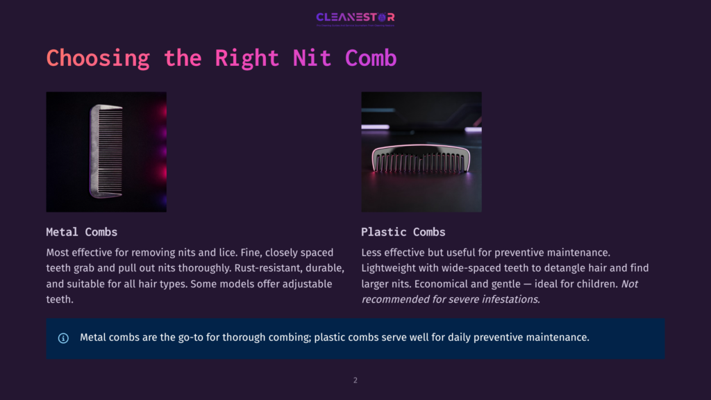 2 Choosing The Right Nit Comb Close-Up Of A Metal Nit Comb With Fine, Closely Spaced Teeth, And A Plastic Nit Comb With Wide-Spaced Teeth, Set Against A Dark Background.