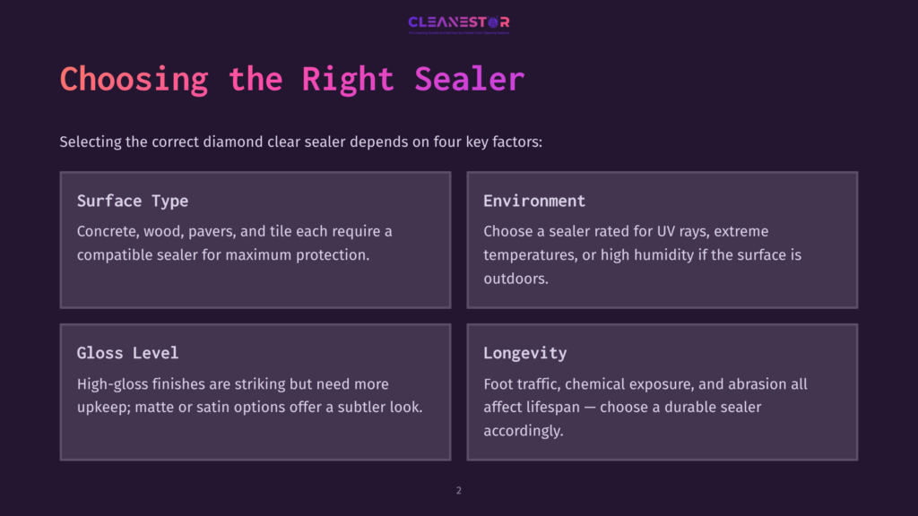 Cleanestor Logo Above Slide Titled &Quot;Choosing The Right Sealer,&Quot; Detailing Four Key Factors: Surface Type, Environment, Gloss Level, And Longevity, With Icons And Descriptive Text.
