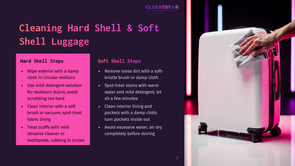 A Person Is Cleaning A White Hard Shell Luggage With A Damp Cloth, Demonstrating How To Clean Both Hard And Soft Shell Luggage. The Person'S Hand Holds A Towel And Wipes The Exterior Of The Suitcase.