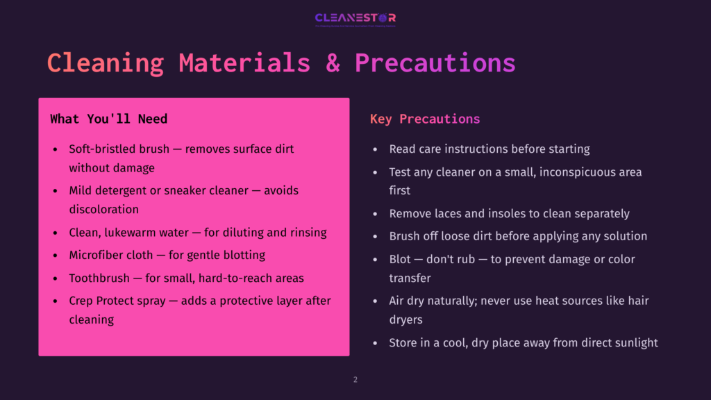 Dark Purple Slide Titled &Quot;Cleaning Materials &Amp; Precautions&Quot; With Two Columns: &Quot;What You'Ll Need&Quot; Listing Soft Brush, Mild Detergent, Clean Water, Microfiber Cloth, Toothbrush, And Crep Protect Spray; And &Quot;Key Precautions&Quot; With Bullet Points About Reading Instructions, Testing Cleaners, Removing Laces, Brushing Off Loose Dirt, Not Rubbing, Air Drying, And Storing In A Cool, Dry Place.