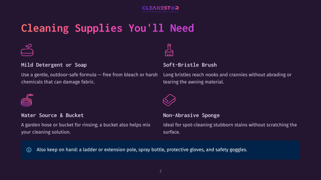 Infographic Titled &Quot;Cleaning Supplies You'Ll Need&Quot; Listing Mild Detergent, Soft-Bristle Brush, Water Source &Amp; Bucket, And Non-Abrasive Sponge.