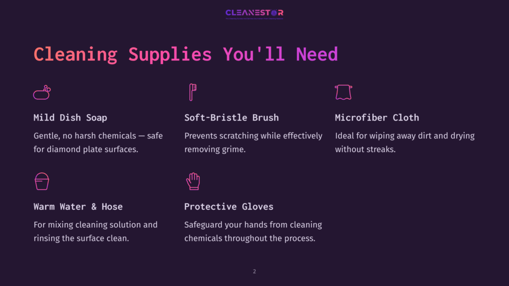 Illustration Of Cleaning Supplies Needed For Diamond Plate Surfaces: Mild Dish Soap, Soft-Bristle Brush, Microfiber Cloth, Warm Water, And Protective Gloves. Text Reads &Quot;Cleaning Supplies You'Ll Need&Quot;.