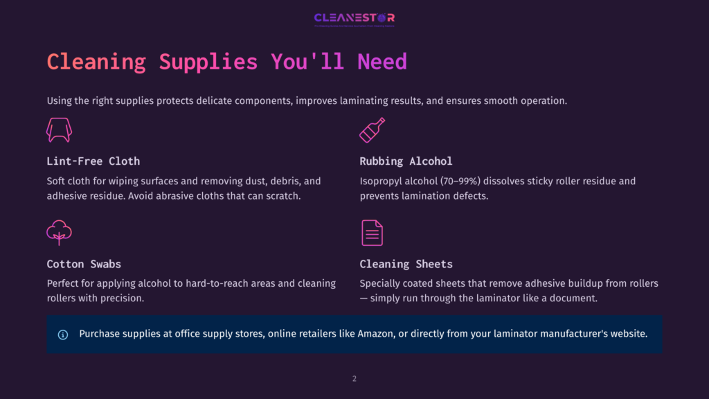 2 Cleaning Supplies Youll Need 2 Infographic Titled &Quot;Cleaning Supplies You&Amp;Apos;Ll Need,&Quot; Detailing Lint-Free Cloth, Rubbing Alcohol, Cotton Swabs, And Cleaning Sheets For Laminator Maintenance.
