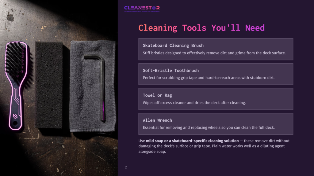 A Skateboard Cleaning Kit Is Laid Out On A Dark Wooden Surface, Featuring A Soft-Bristle Toothbrush, A Cleaning Brush, A Gray Towel, And An Allen Wrench. The Cleanestor Logo Is Visible In The Top Left Corner.