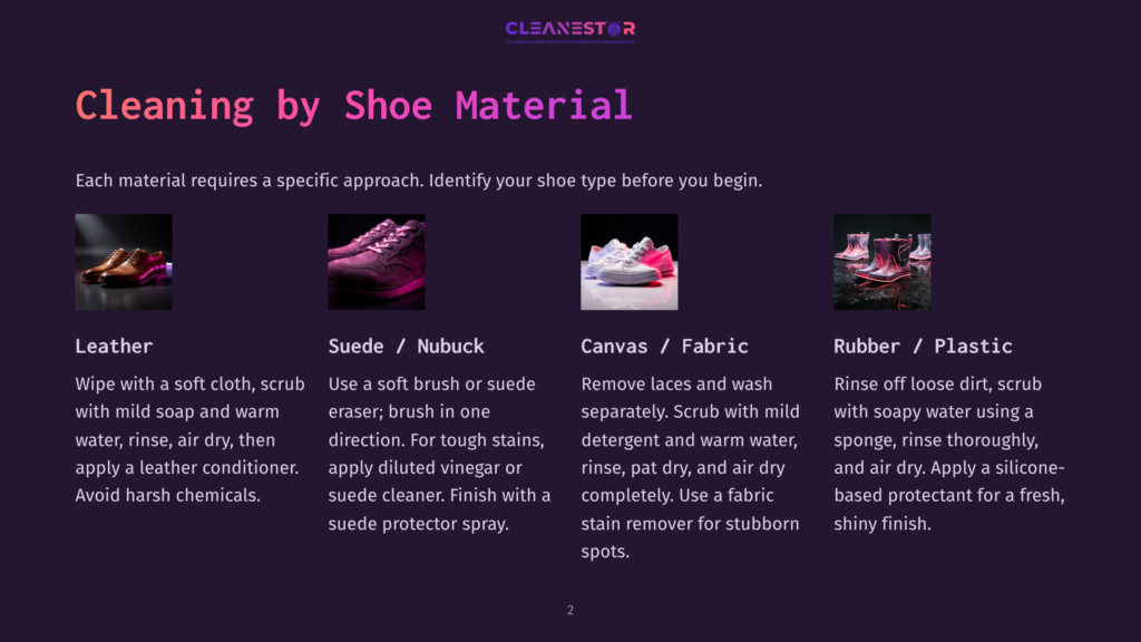 Graphic With Text &Quot;Cleanestor&Quot; And Cleaning Tips For Leather, Suede, Canvas, And Rubber Shoes.