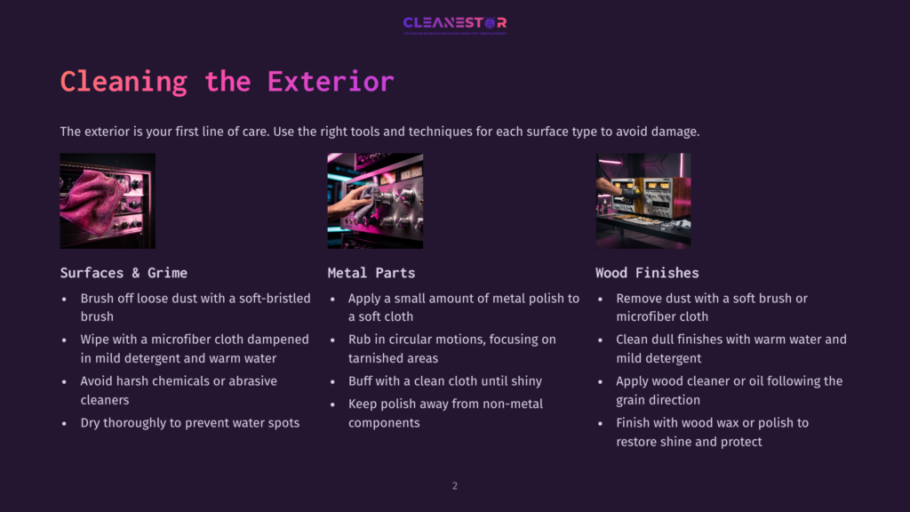 2 Cleaning The Exterior 1 Three Images Show Cleaning Tips For Different Exterior Surfaces: A Pink Microfiber Cloth Cleaning A Car Grill, Metal Parts Being Polished With A Soft Cloth, And Wood Finishes Being Treated With Wood Polish.