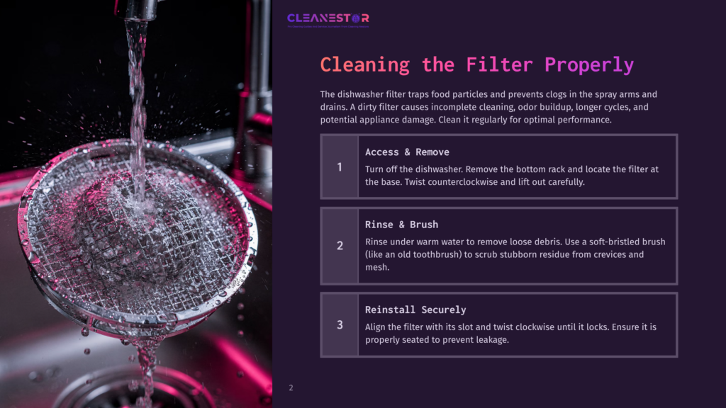 Close-Up Of A Dishwasher Filter Being Cleaned Under A Stream Of Water, With Text Overlay &Quot;Cleaning The Filter Properly&Quot; And Instructions For Access, Rinse, And Reinstall.