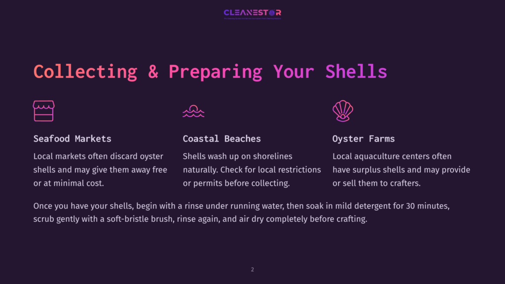 Three Icons With Text: &Quot;Seafood Markets&Quot; With A Shopping Basket Icon, &Quot;Coastal Beaches&Quot; With A Wave Icon, And &Quot;Oyster Farms&Quot; With An Oyster Icon, All Relating To Collecting And Preparing Shells.