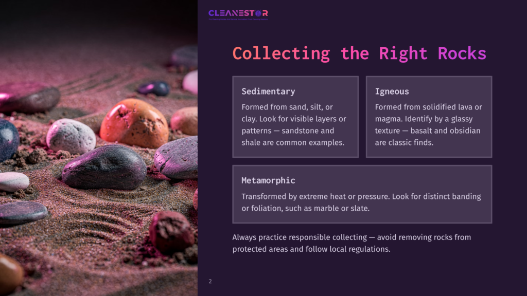 Close-Up Of Smooth, Colorful Rocks In Sand, With Text &Quot;Cleanestor&Quot; And &Quot;Collecting The Right Rocks&Quot; Overlayed.