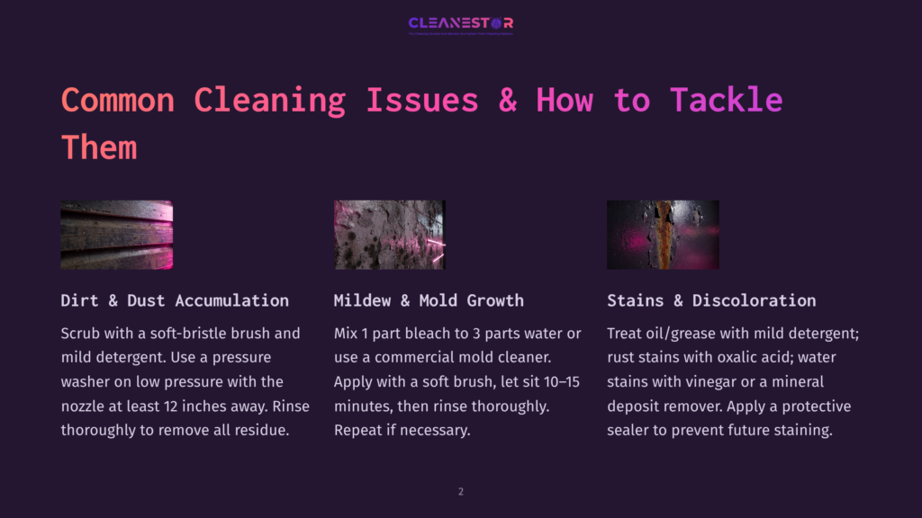 Three Images Of Common Cleaning Issues: Close-Up Of Dirty Wooden Planks, Mold Growth On A Wall, And Rust Stains On Metal.