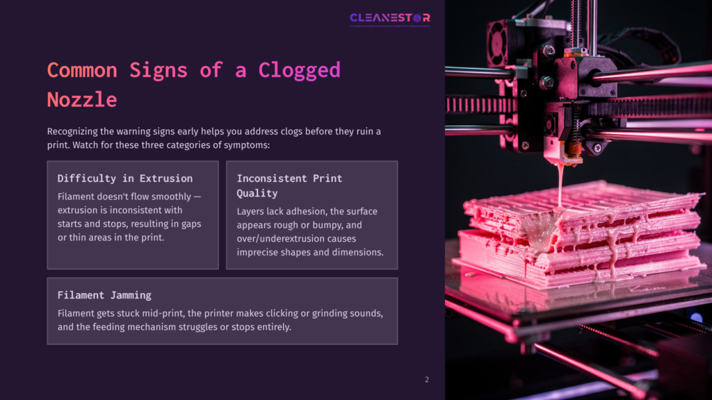 An 3D Printer With Pink Filament Creates A Stack Of Small, Pink, Layered Objects. The Printer Is On A Black Surface, And There Is A Warning Text About Signs Of A Clogged Nozzle In The Background.