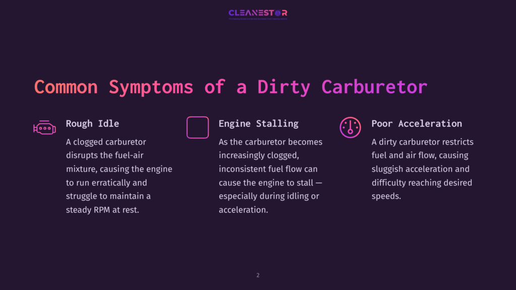 Cleanestor Logo At The Top, With The Title &Quot;Common Symptoms Of A Dirty Carburetor&Quot; Below. Three Icons Depict &Quot;Rough Idle,&Quot; &Quot;Engine Stalling,&Quot; And &Quot;Poor Acceleration,&Quot; With Descriptive Text For Each.