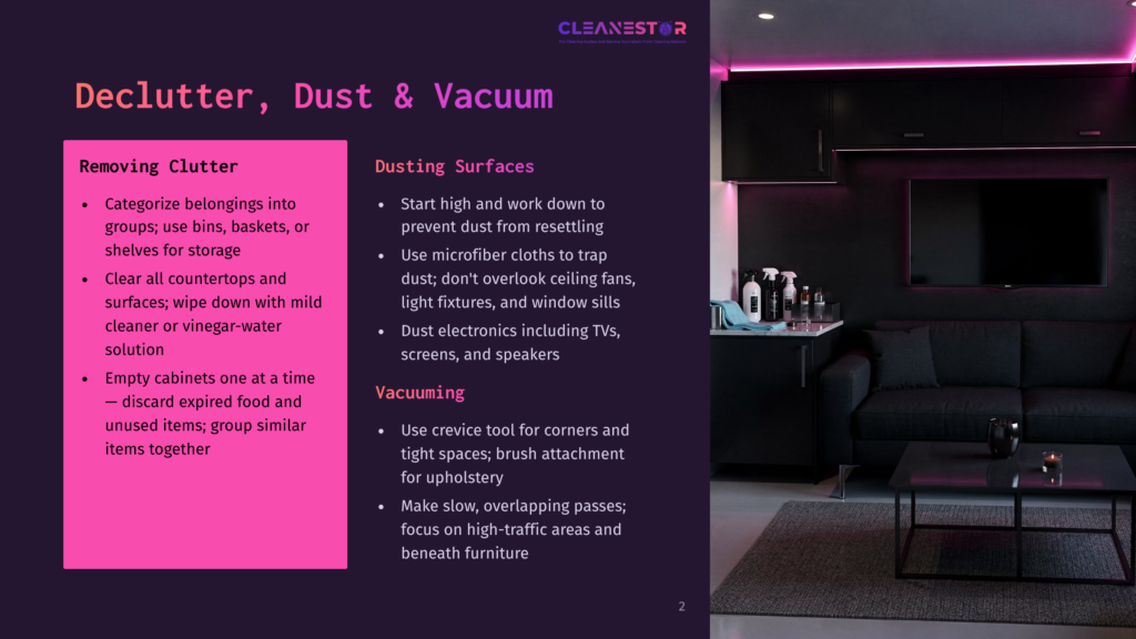 A Dark, Modern Living Room With A Black Sofa, Black Entertainment Center With A Large Tv, And A Black Coffee Table. The Text Overlay Provides Cleaning Tips: &Quot;Declutter, Dust &Amp; Vacuum&Quot;, &Quot;Removing Clutter&Quot;, &Quot;Dusting Surfaces&Quot;, And &Quot;Vacuuming&Quot;.