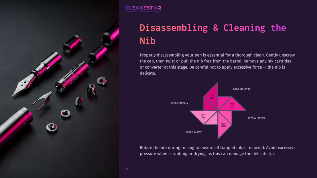 Close-Up Of Disassembled Pink And Silver Fountain Pen Parts And Cleaning Tools On A Dark Background. Text Reads &Quot;Cleanestor Disassembling &Amp; Cleaning The Nib&Quot;.