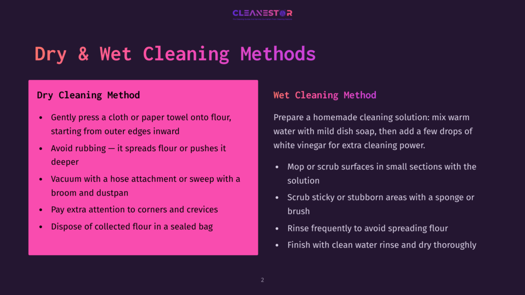2 Dry And Wet Cleaning Methods Slide Titled &Quot;Dry &Amp; Wet Cleaning Methods&Quot; From Cleanestor, Detailing Dry Cleaning Steps Like Pressing Flour With A Cloth And Wet Cleaning Steps Like Using Vinegar And Mild Dish Soap For Cleaning Solutions.