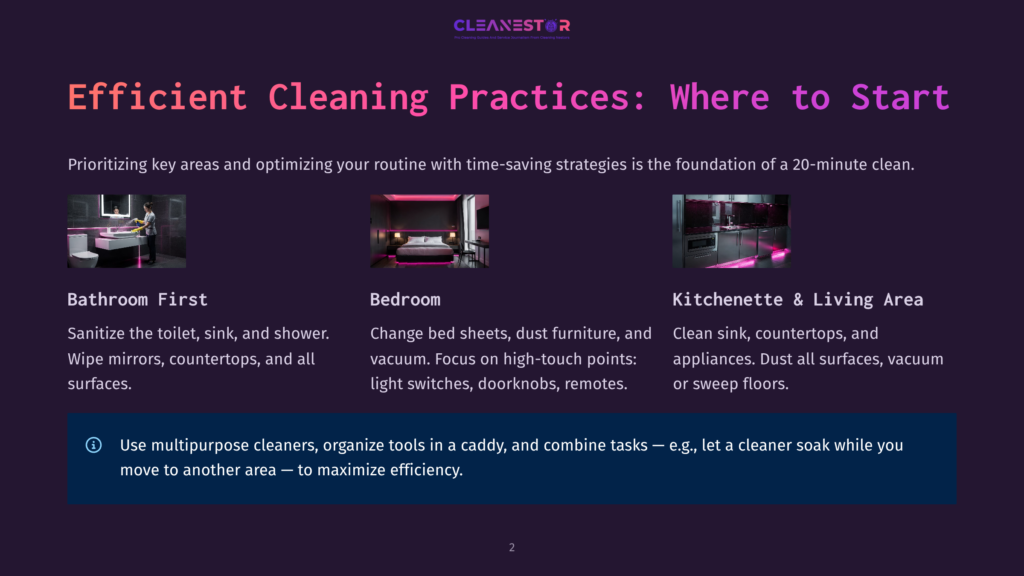 2 Efficient Cleaning Practices Where To Start Infographic On Efficient Cleaning Practices With Sections For Bathroom, Bedroom, And Kitchenette. The Bathroom Section Shows A Person Cleaning A Toilet And Sink. The Bedroom Section Depicts A Person Changing Bed Sheets And Dusting Furniture. The Kitchenette Section Illustrates A Person Cleaning Countertops And Appliances.