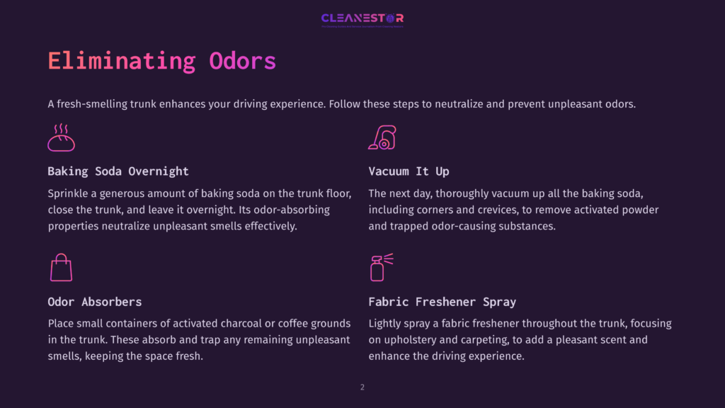 A Graphic With The Title &Quot;Eliminating Odors&Quot; And Steps For Neutralizing Car Trunk Smells: Baking Soda Overnight, Vacuum It Up, Odor Absorbers, And Fabric Freshener Spray.