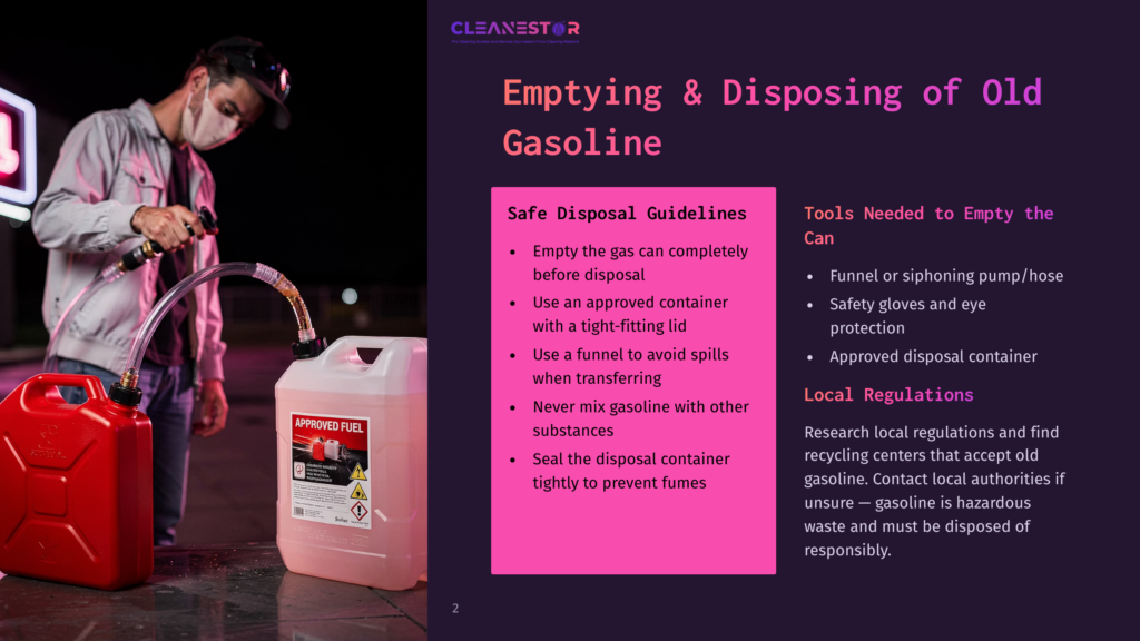 2 Emptying And Disposing Of Old Gasoline A Person In A Mask Uses A Siphon Hose To Transfer Gasoline From A Red Gas Can Into A White Approved Fuel Container. The Image Highlights Safe Disposal Guidelines For Gasoline.