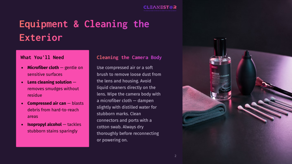 Camera Cleaning Kit On A Dark Surface, Featuring A Microfiber Cloth, Lens Cleaning Solution, Compressed Air Can, And Isopropyl Alcohol. Text On The Left Details Cleaning Supplies.