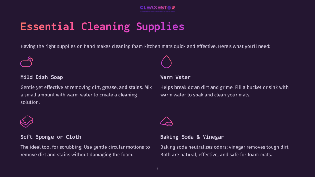 2 Essential Cleaning Supplies A Dark Purple Slide Titled &Quot;Essential Cleaning Supplies&Quot; Lists Mild Dish Soap, Warm Water, Soft Sponge Or Cloth, And Baking Soda &Amp; Vinegar As Key Items For Cleaning Foam Kitchen Mats.