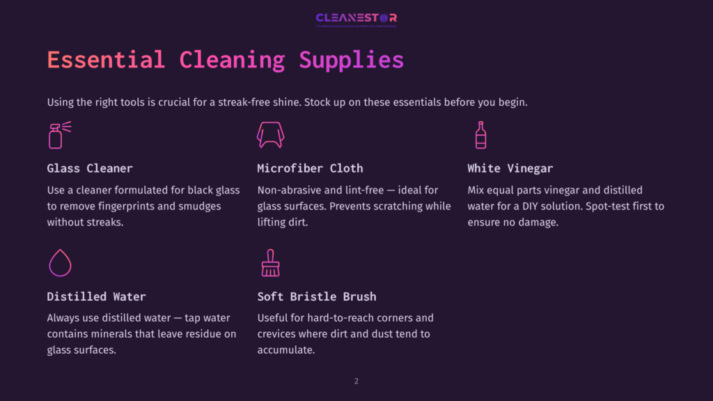 Essential Cleaning Supplies Graphic: Glass Cleaner, Microfiber Cloth, White Vinegar, Distilled Water, And Soft Bristle Brush Are Illustrated With Icons And Brief Descriptions For Streak-Free Cleaning.