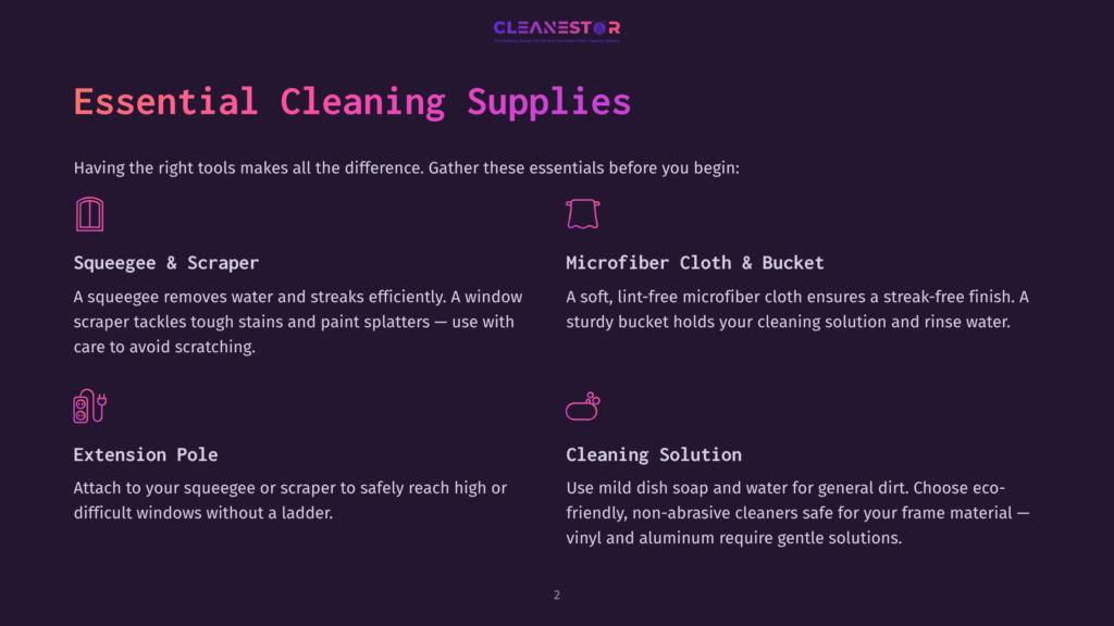 Essential Cleaning Supplies: Squeegee &Amp; Scraper, Microfiber Cloth &Amp; Bucket, Extension Pole, And Cleaning Solution. Includes Icons For Each Item.
