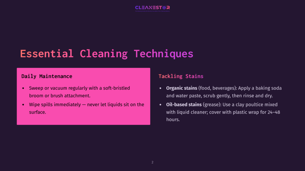 2 Essential Cleaning Techniques Slide Titled &Quot;Essential Cleaning Techniques&Quot; With Sections &Quot;Daily Maintenance&Quot; And &Quot;Tackling Stains,&Quot; Offering Tips On Sweeping, Spill Cleanup, And Stain Removal With Baking Soda And Poultices.