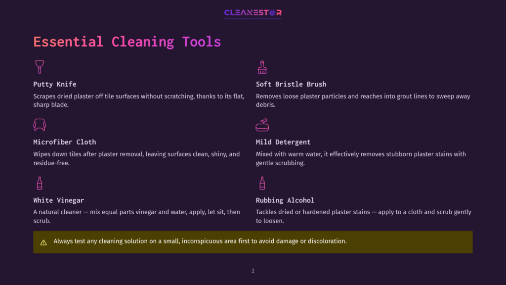 2 Essential Cleaning Tools 1 Essential Cleaning Tools Graphic With Icons And Descriptions: Putty Knife, Soft Bristle Brush, Microfiber Cloth, Mild Detergent, White Vinegar, Rubbing Alcohol. Includes A Warning About Testing Cleaning Solutions.