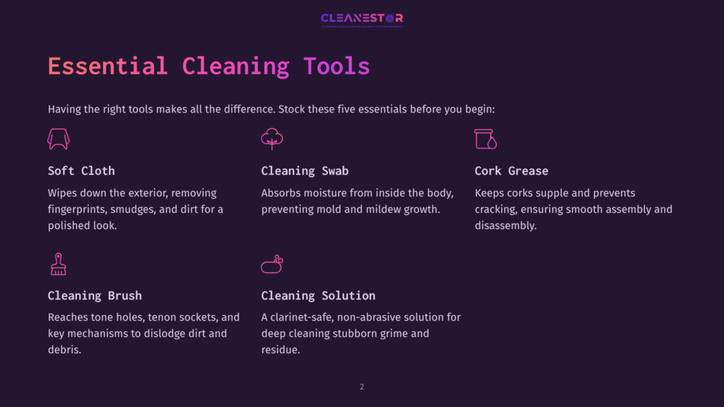 2 Essential Cleaning Tools Essential Cleaning Tools For Instruments: Soft Cloth, Cleaning Swab, Cork Grease, Cleaning Brush, And Cleaning Solution Are Shown With Icons And Descriptions.