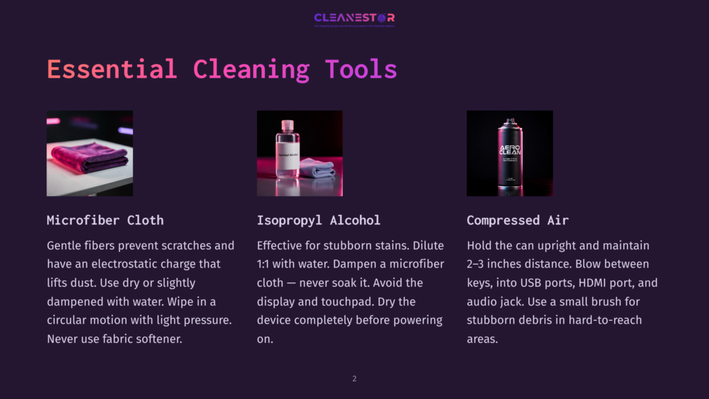 A Dark Background Displays Three Cleaning Tools. A Red Microfiber Cloth, A Bottle Of Isopropyl Alcohol With A White Label, And A Black And Silver Can Of Compressed Air With The Word &Quot;Aero&Quot; In White.