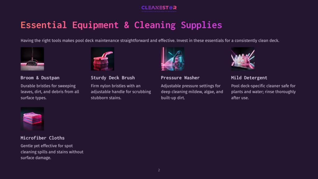 Essential Pool Equipment &Amp; Cleaning Supplies: Broom &Amp; Dustpan, Sturdy Deck Brush, Pressure Washer, Mild Detergent, And Microfiber Cloths Are Shown With Product Descriptions.