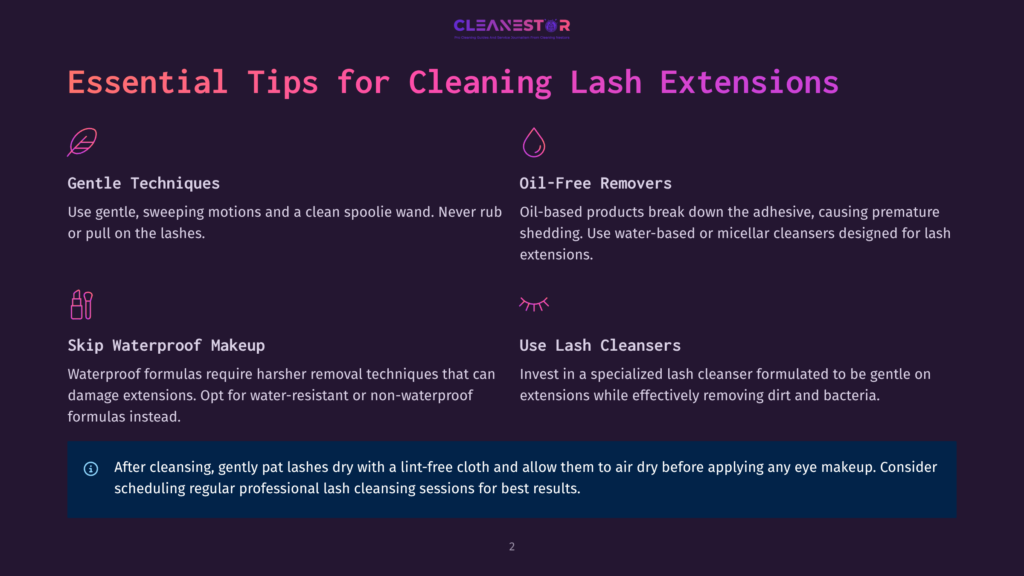 2 Essential Tips For Cleaning Lash Extensions Cleanestor Logo And &Quot;Essential Tips For Cleaning Lash Extensions&Quot; Title Over A Dark Purple Background. Sections Include &Quot;Gentle Techniques,&Quot; &Quot;Oil-Free Removers,&Quot; &Quot;Skip Waterproof Makeup,&Quot; And &Quot;Use Lash Cleansers,&Quot; With Icons And Bullet Points.