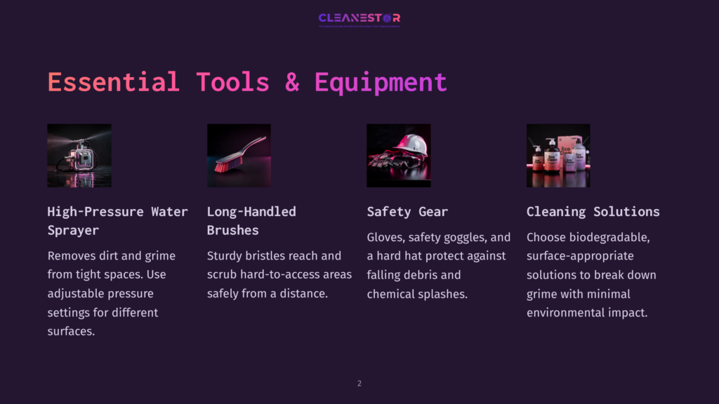 Essential Tools And Equipment For Cleaning: High-Pressure Water Sprayer, Long-Handled Brushes, Safety Gear, And Cleaning Solutions.