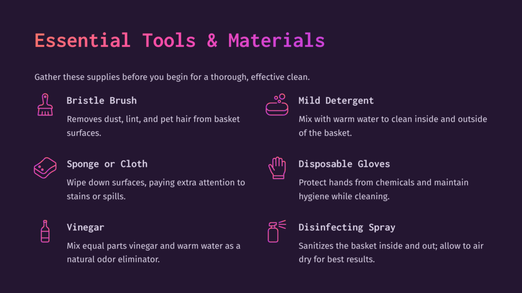 2 Essential Tools And Materials Essential Tools And Materials For Cleaning A Basket: Bristle Brush, Mild Detergent, Sponge, Disposable Gloves, Vinegar, And Disinfecting Spray.