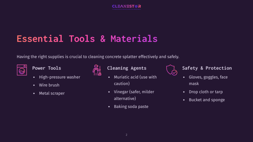 Essential Tools And Materials For Cleaning Concrete Splatter: Power Tools Like A High-Pressure Washer And Wire Brush; Cleaning Agents Such As Muriatic Acid And Vinegar; And Safety Gear Including Gloves, Goggles, And A Mask.