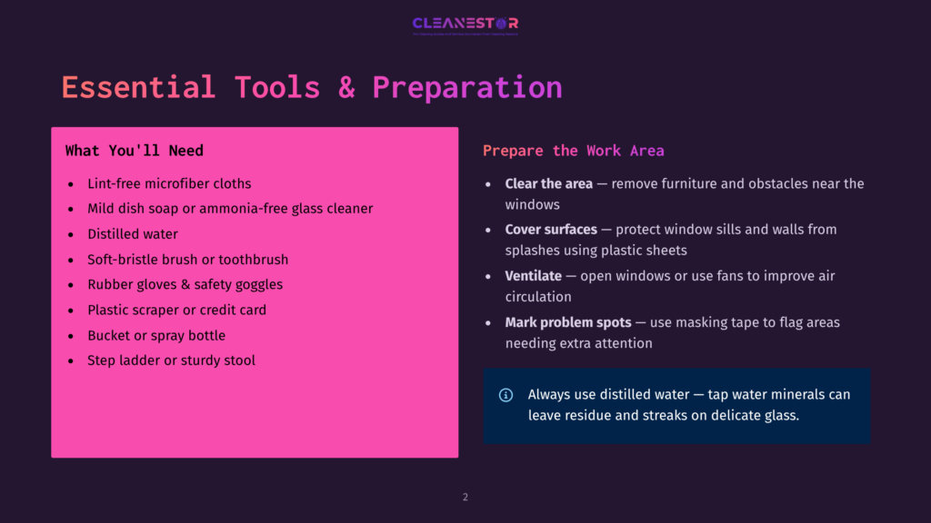 Cleanestor Logo And Text: &Quot;Essential Tools &Amp; Preparation&Quot; With Lists Of Cleaning Supplies And Preparation Steps For Cleaning Windows And Surfaces.