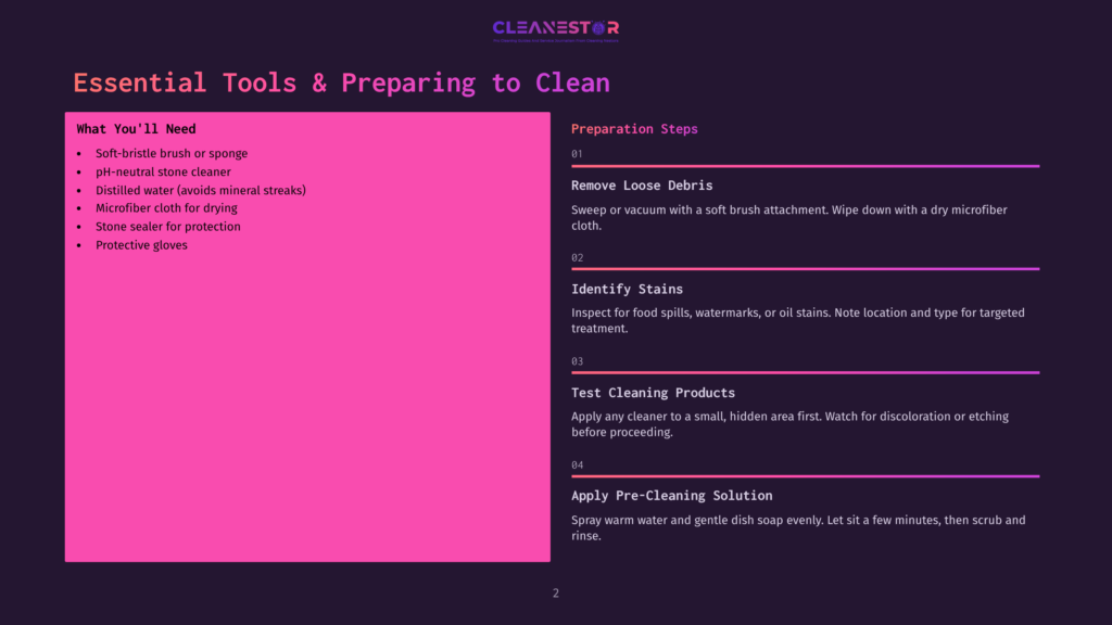 Image With Text Titled &Quot;Essential Tools &Amp; Preparing To Clean&Quot; Listing Necessary Items Like Soft-Bristle Brushes, Ph-Neutral Stone Cleaner, Distilled Water, Microfiber Cloths, Stone Sealer, And Protective Gloves, Alongside Preparation Steps For Cleaning.