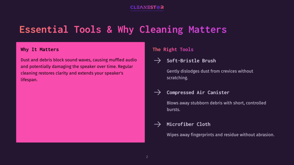 Presentation Slide Titled &Quot;Essential Tools &Amp; Why Cleaning Matters&Quot; From Cleanestor, Detailing Why Dust And Debris Damage Speakers And Listing Cleaning Tools Like Soft-Bristle Brushes And Microfiber Cloths.