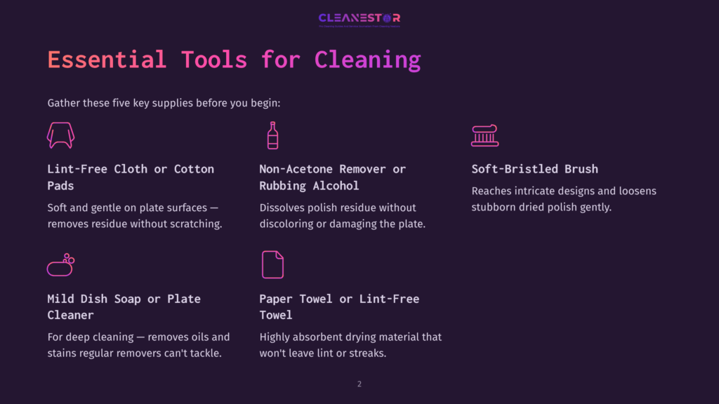 2 Essential Tools For Cleaning Graphic Displaying &Quot;Essential Tools For Cleaning&Quot; With Icons And Descriptions For Lint-Free Cloth, Non-Acetone Remover, Soft-Bristled Brush, Mild Dish Soap, And Paper Towel.