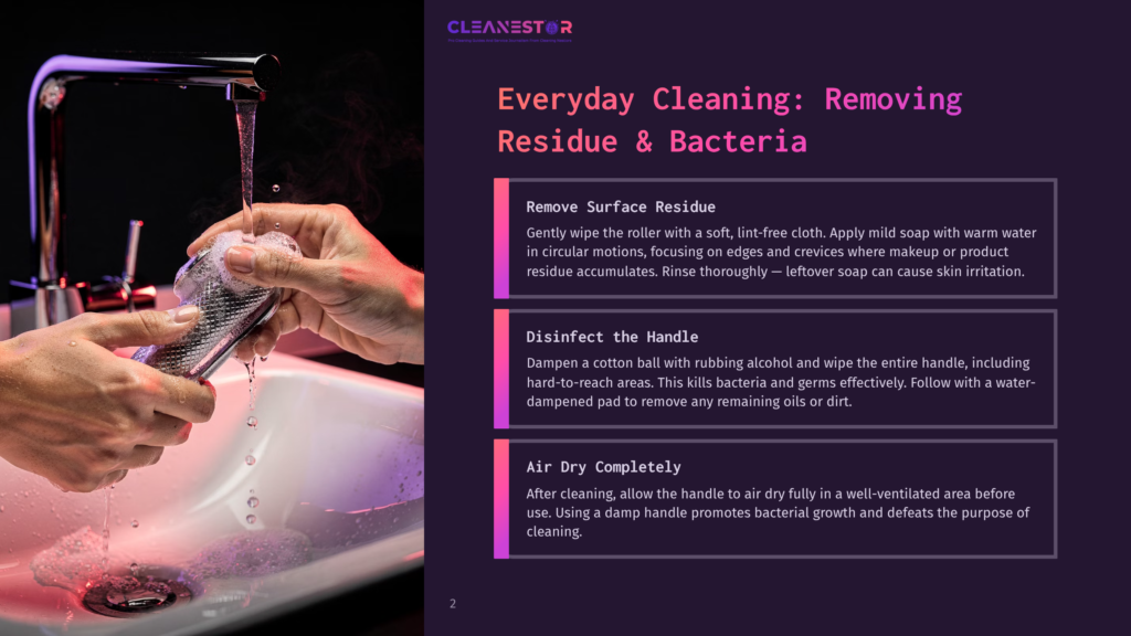 Close-Up Of Hands Cleaning A Chrome Handle Under A Running Faucet With Soapy Water. Text Overlay: &Quot;Everyday Cleaning: Removing Residue &Amp; Bacteria&Quot;.