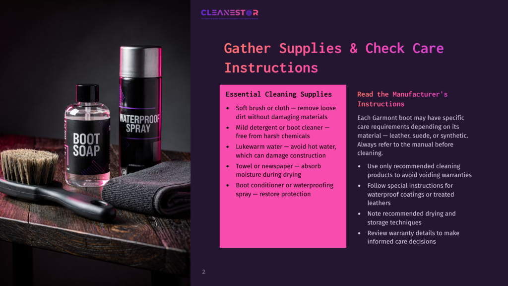 2 Gather Supplies And Check Care Instructions Cleanestor Waterproof Boot Spray And Soap Alongside A Cleaning Brush And Cloth, With Instructions For Cleaning Supplies.