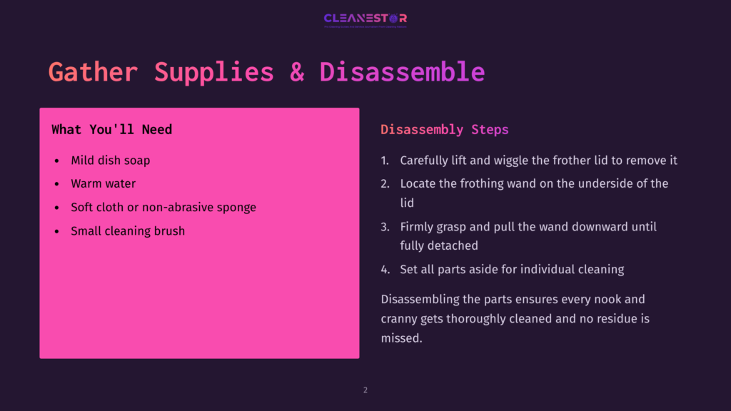 A Pink And Dark Background With A List Of Supplies To Gather For Disassembly, Including Mild Dish Soap, Warm Water, A Soft Cloth Or Non-Abrasive Sponge, And A Small Cleaning Brush.