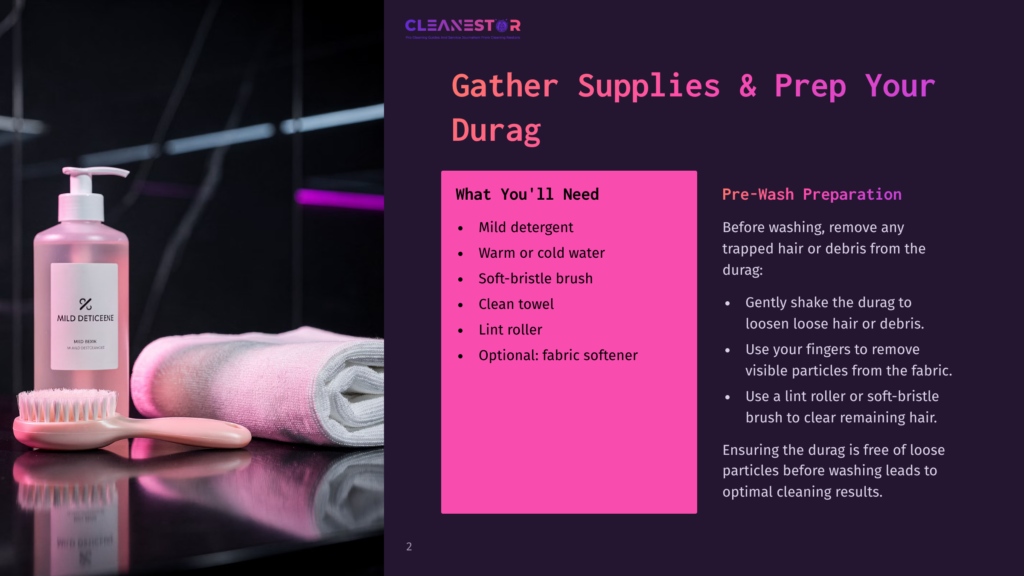Pink Bottle Of Mild Dettol Cleaner, A Soft-Bristle Brush, And A Neatly Folded Pink Towel On A Dark Background, With Text &Quot;Gather Supplies &Amp; Prep Your Durag&Quot; And A List Of Items.