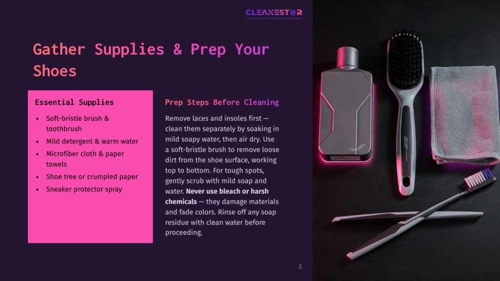 Gather Supplies &Amp; Prep Your Shoes: Soft-Bristle Brush, Cleaning Solution, Microfiber Cloths, And Crumpled Paper Are Laid Out For Shoe Cleaning, With A Toothbrush And Cleaning Brush Visible.