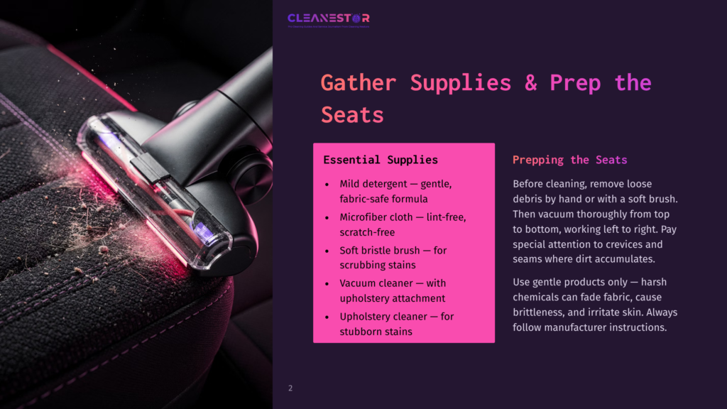 Close-Up Of A Car Vacuum Cleaner Nozzle With A Blue Light, Cleaning Dust And Debris From A Dark Fabric Car Seat. Text Overlay &Quot;Gather Supplies &Amp; Prep The Seats&Quot; And &Quot;Essential Supplies&Quot; With Bullet Points.