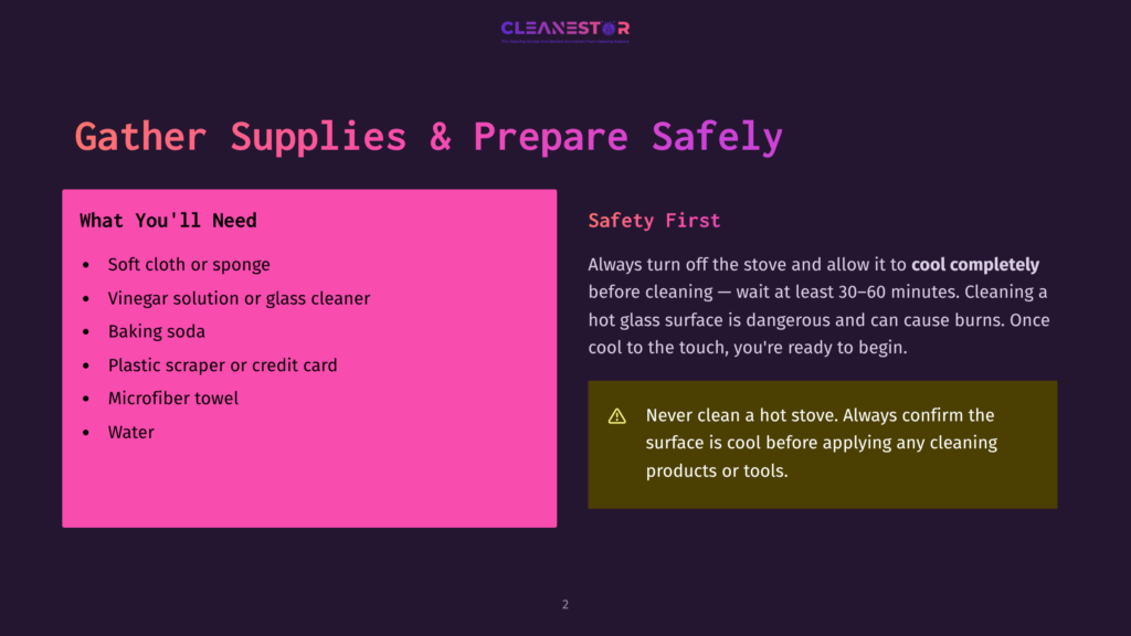 Presentation Slide Titled &Quot;Gather Supplies &Amp; Prepare Safely&Quot; With A Pink Section Listing Cleaning Supplies Like Soft Cloth, Vinegar Solution, Baking Soda, Plastic Scraper, And Microfiber Towel. The Right Side Has A Dark Purple Background With &Quot;Safety First&Quot; Text And A Warning About Hot Stove Surfaces.