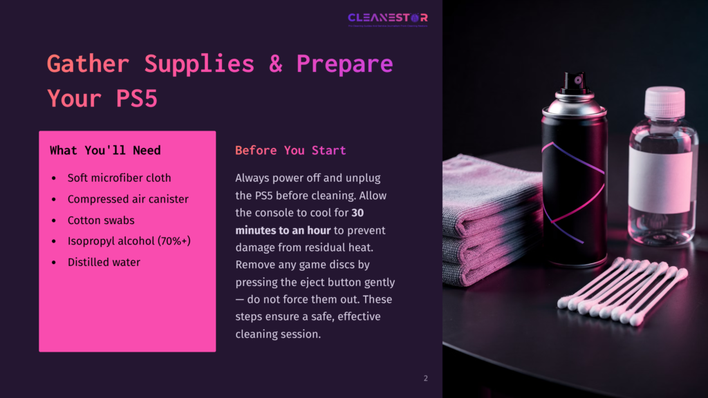 Graphic With Text &Quot;Cleanestor&Quot;, &Quot;Gather Supplies &Amp; Prepare Your Ps5&Quot;, And A List Of Cleaning Items Including Microfiber Cloth, Compressed Air, Cotton Swabs, Isopropyl Alcohol, And Distilled Water.